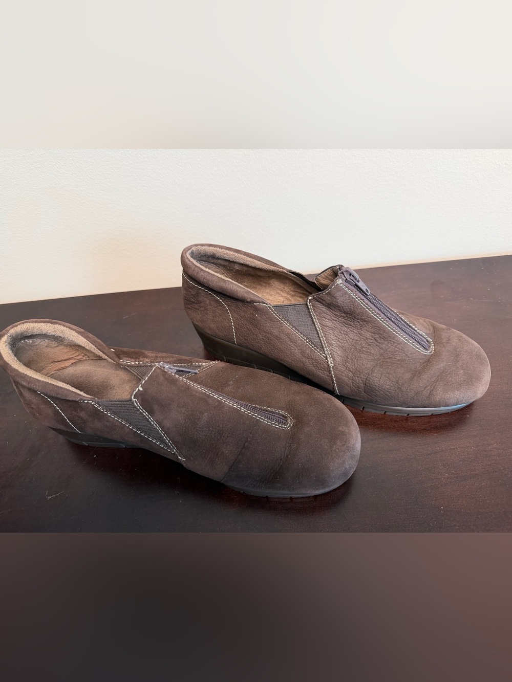 AEROSOLES Dark Brown Suede Wedge Mule with Top Zip